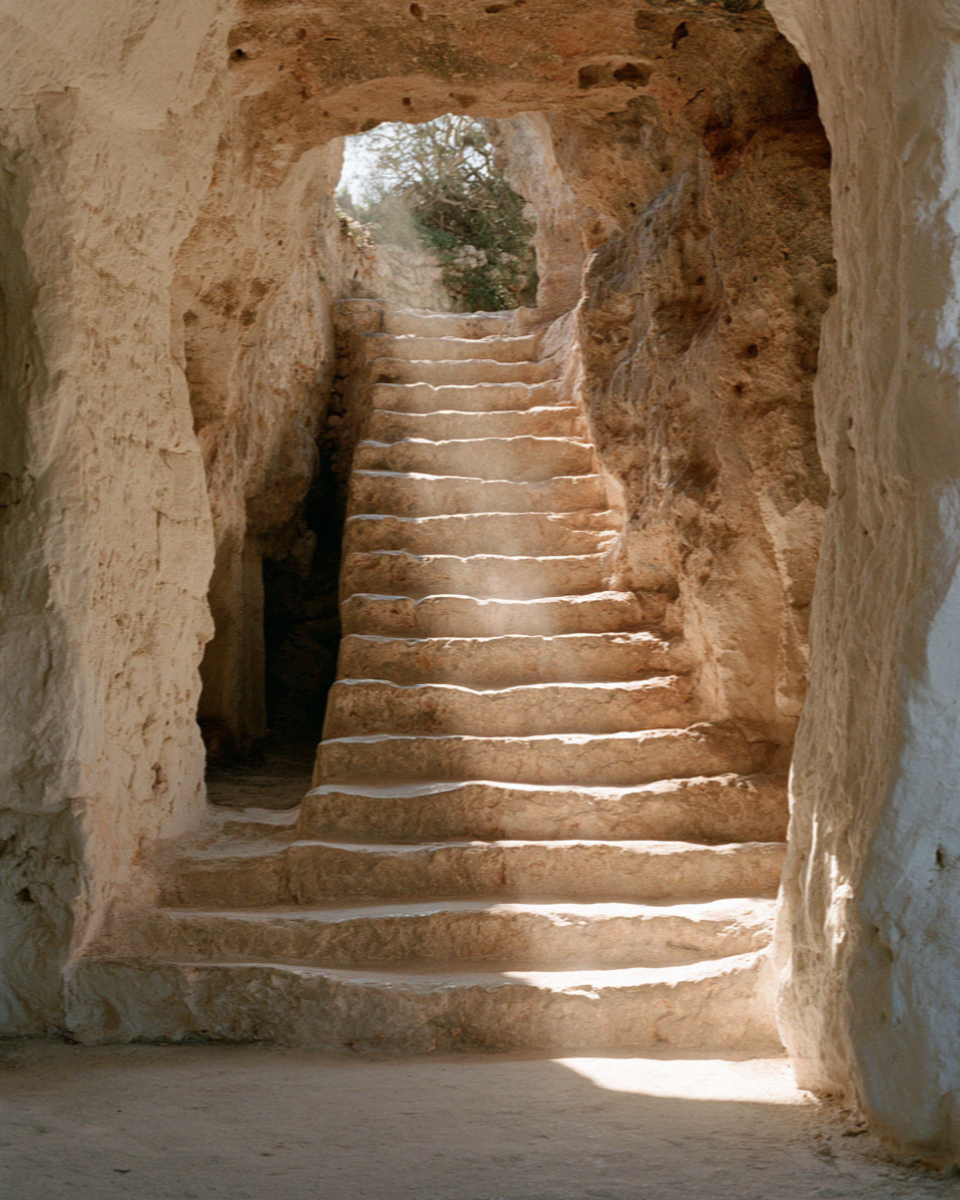 Rock-cut steps down into an underground olive mill near Ostuni in Puglia