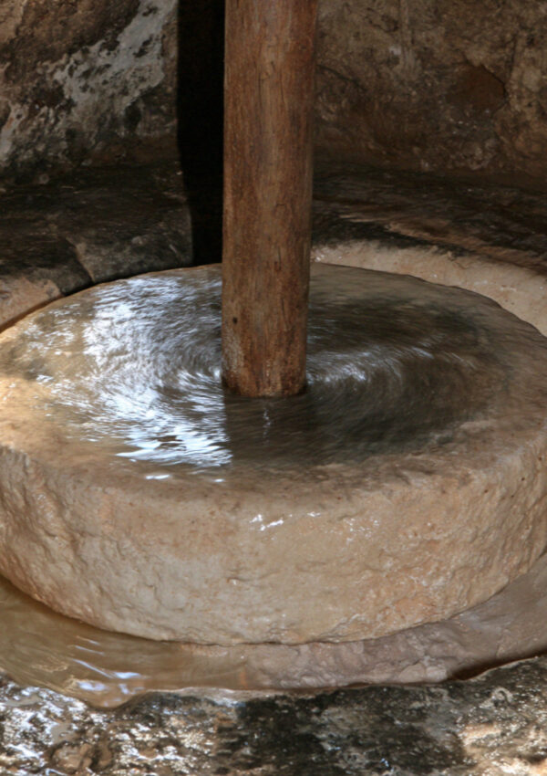 A millstone in its rock-cut basin in an underground olive mill near Ostuni in Puglia