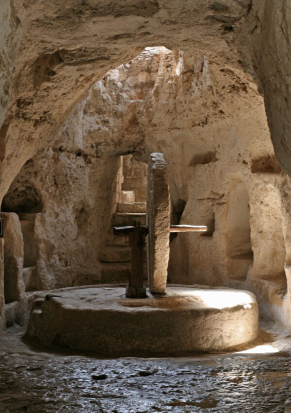 The underground olive mill chamber cut into rock near Ostuni in Puglia