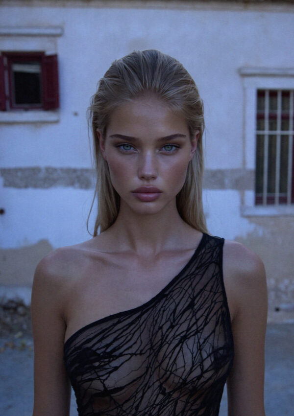 Portrait of Victoria in a one shoulder black dress in cool early light in Megalochori