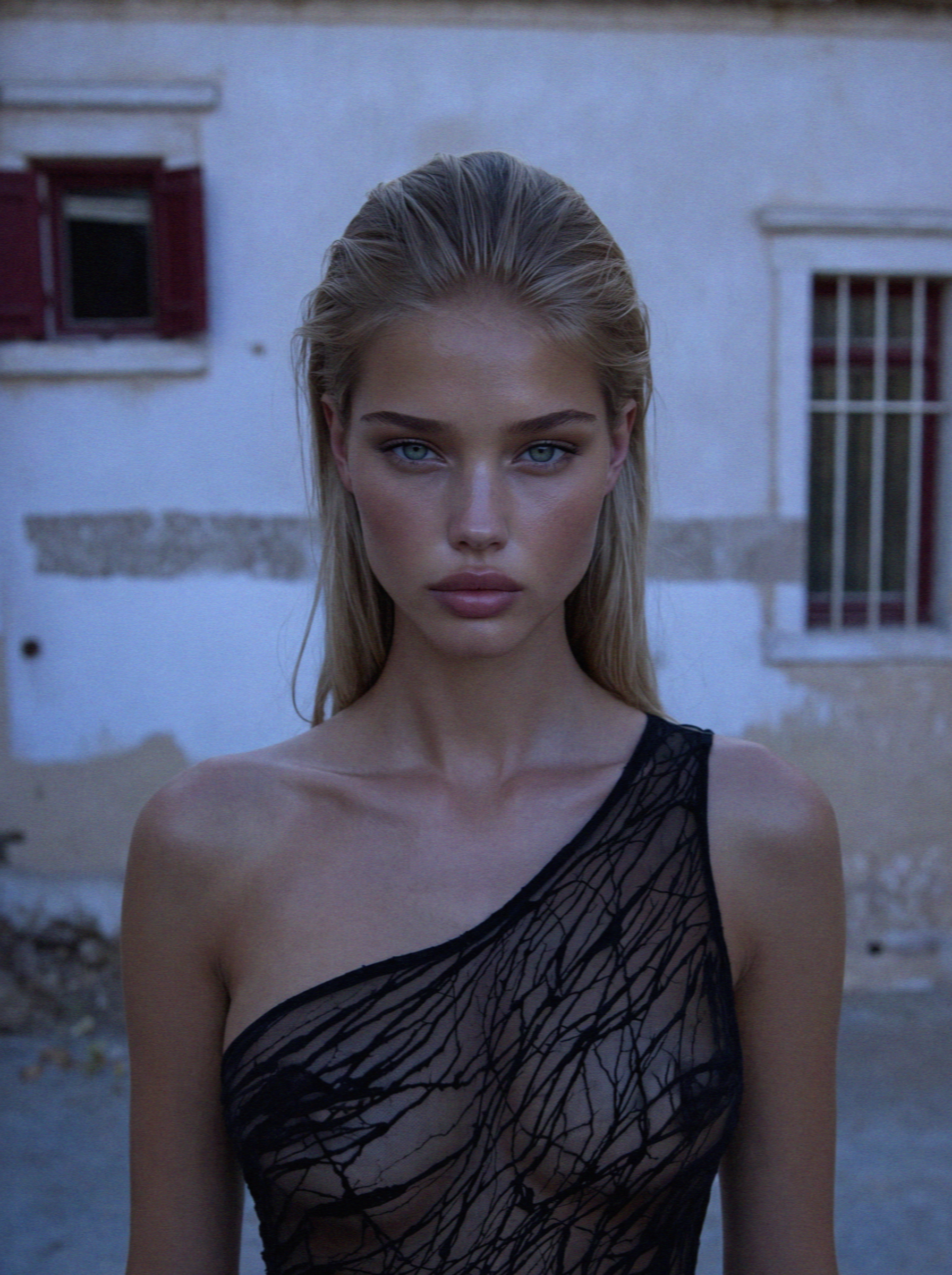 Portrait of Victoria in a one shoulder black dress in cool early light in Megalochori