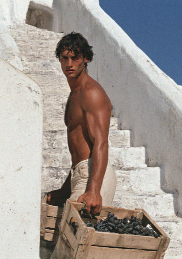 A young man carrying a wooden crate of black grapes up whitewashed steps in Santorini