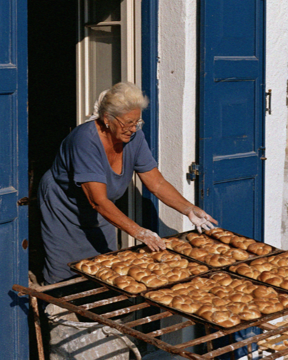 A woman pushing trays of freshly baked bread rolls out through a blue bakery door in Santorini
