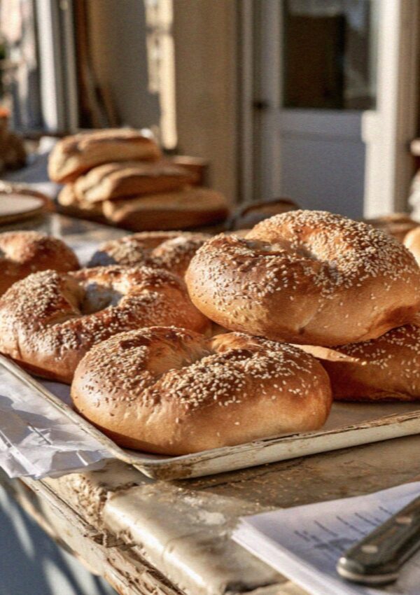 Sesame crusted loaves on the counter in the morning at Scopello, west of Palermo in Sicily