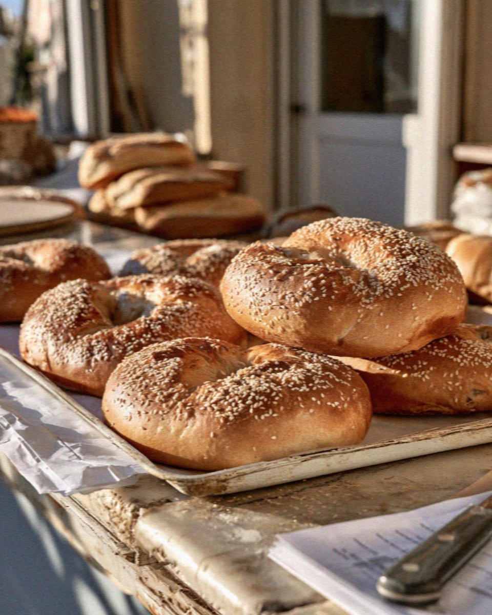 Sesame crusted loaves on the counter in the morning at Scopello, west of Palermo in Sicily