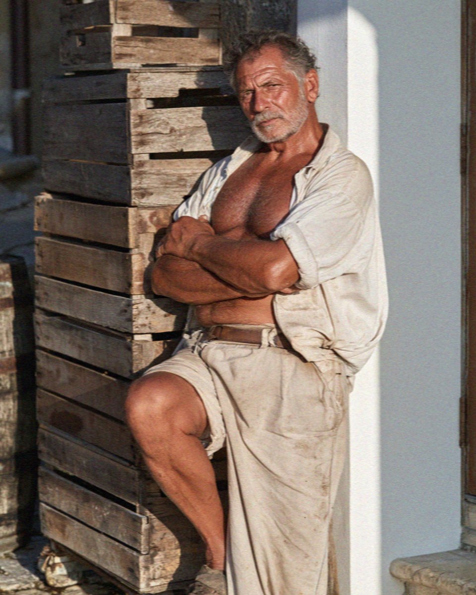 An older man standing against a wooden door early in the morning at Scopello, west of Palermo in Sicily