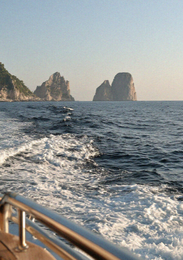 Capri seen ahead from the deck of a boat crossing from Sorrento