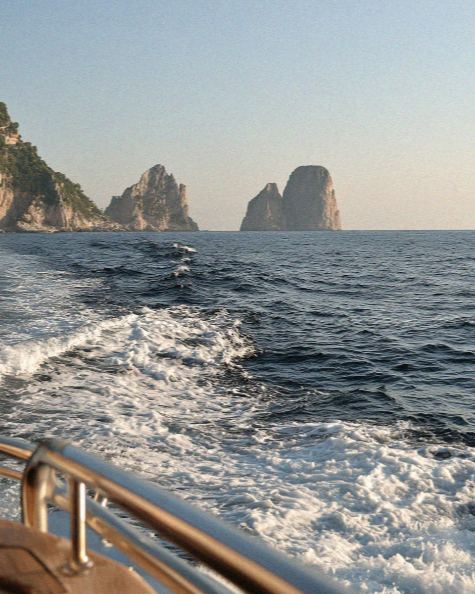 Capri seen ahead from the deck of a boat crossing from Sorrento