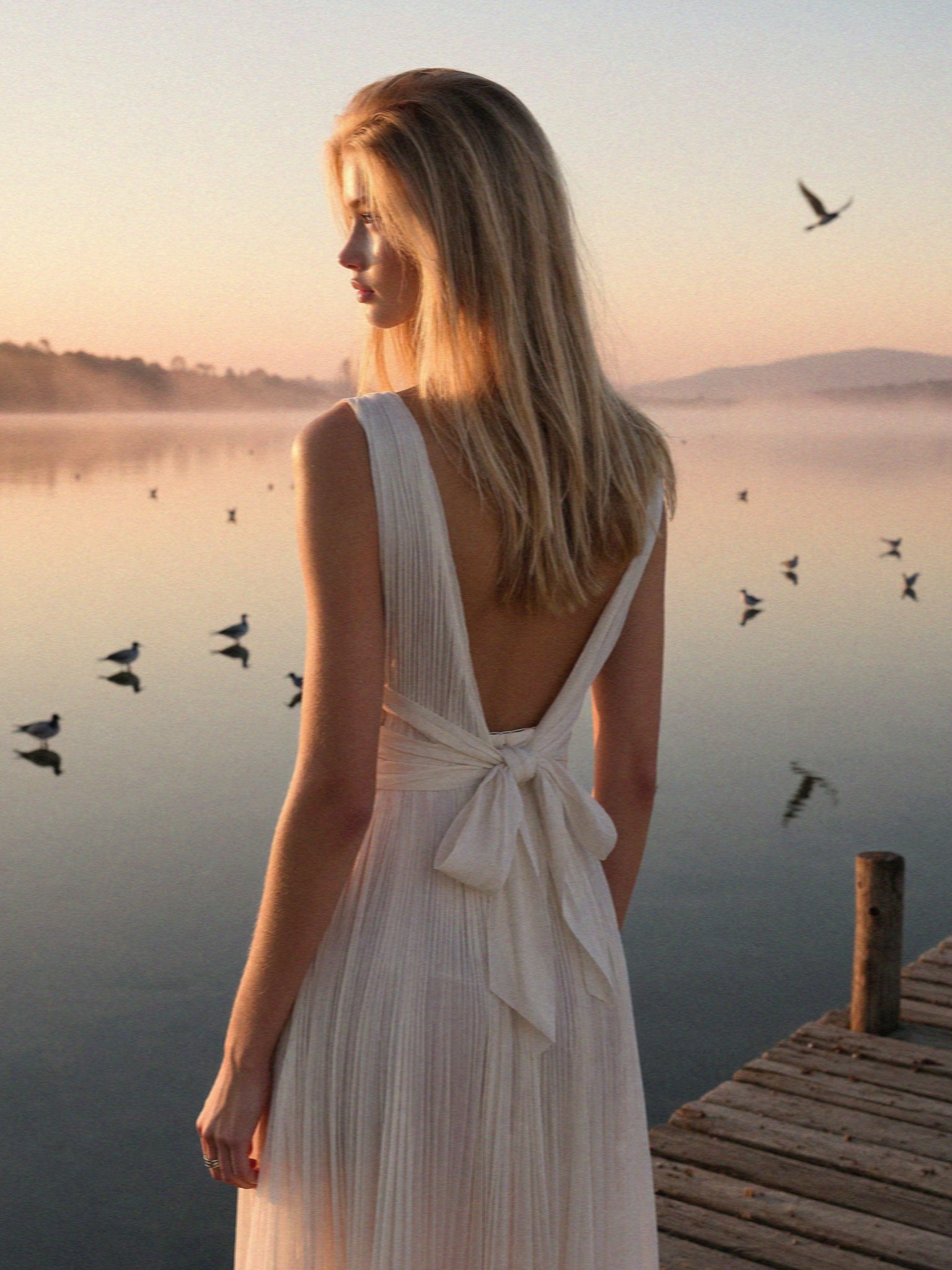 Victoria van der Berg beside the flamingos on the salt pans in Cagliari in Sardinia