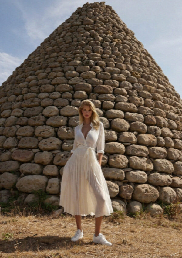 Victoria van der Berg below the nuraghe tower at Barumini, an hour inland from Cagliari in Sardinia