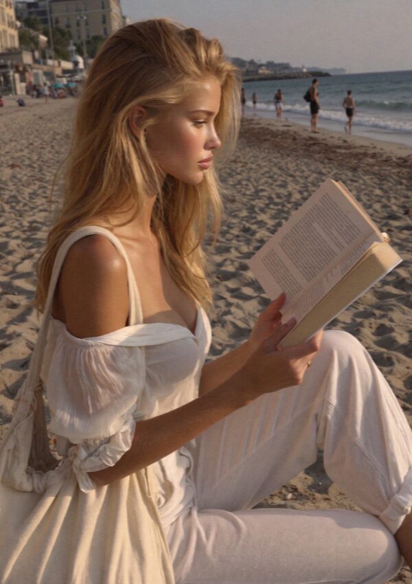 Victoria van der Berg reading on the sand at Poetto beach in Cagliari in Sardinia