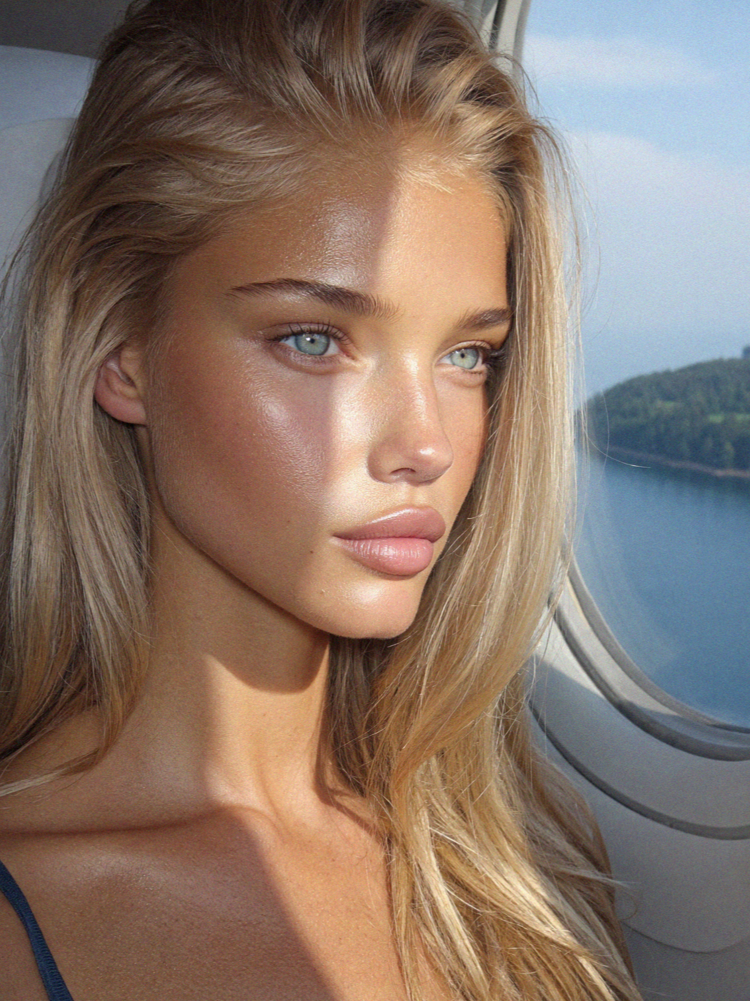 Victoria van der Berg at the window as the plane comes in low over the lagoon in Corfu