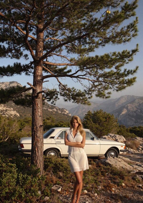 Victoria van der Berg at a mountain pull-in in the interior of Corsica with the sea far below