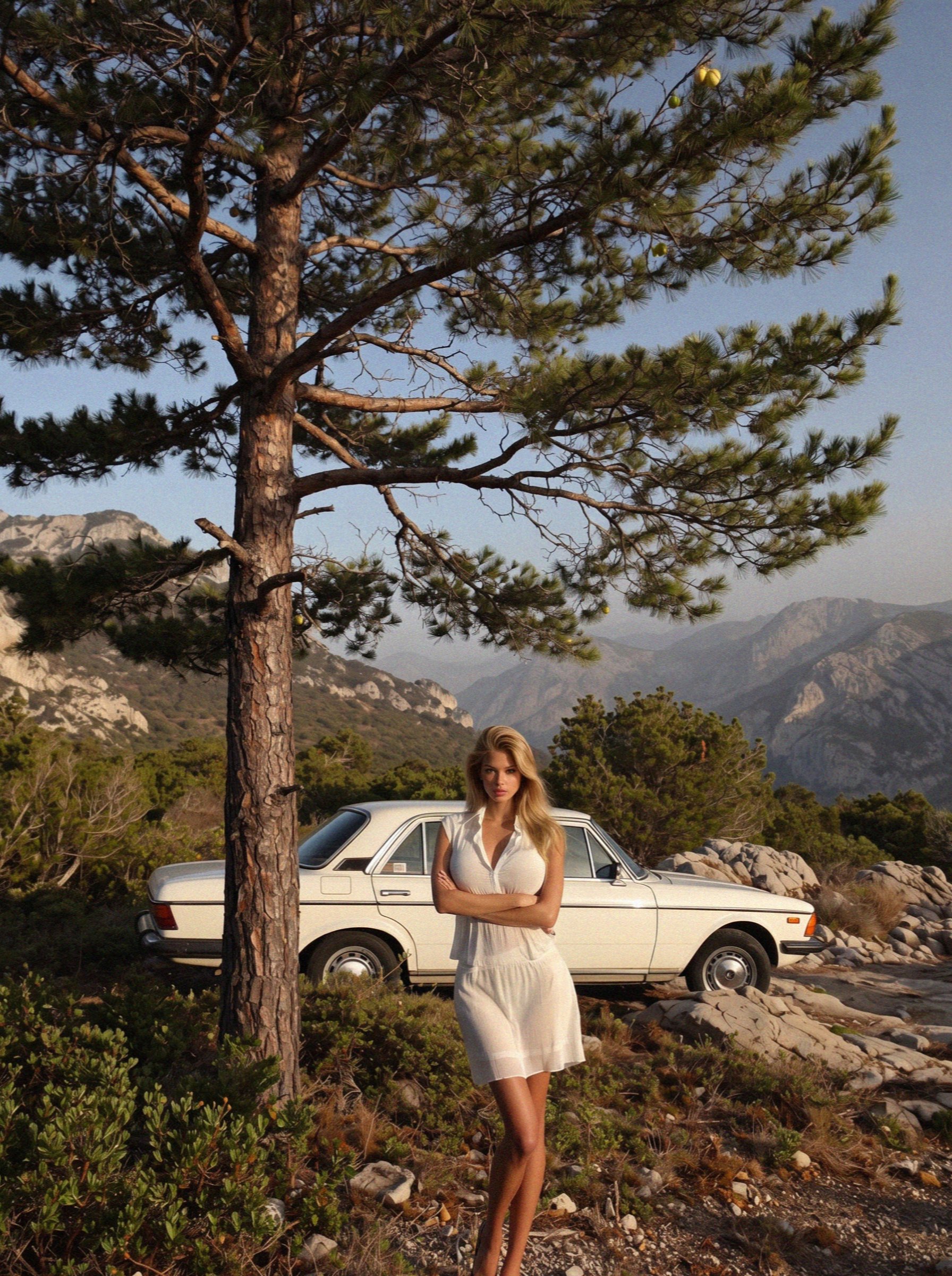 Victoria van der Berg at a mountain pull-in in the interior of Corsica with the sea far below