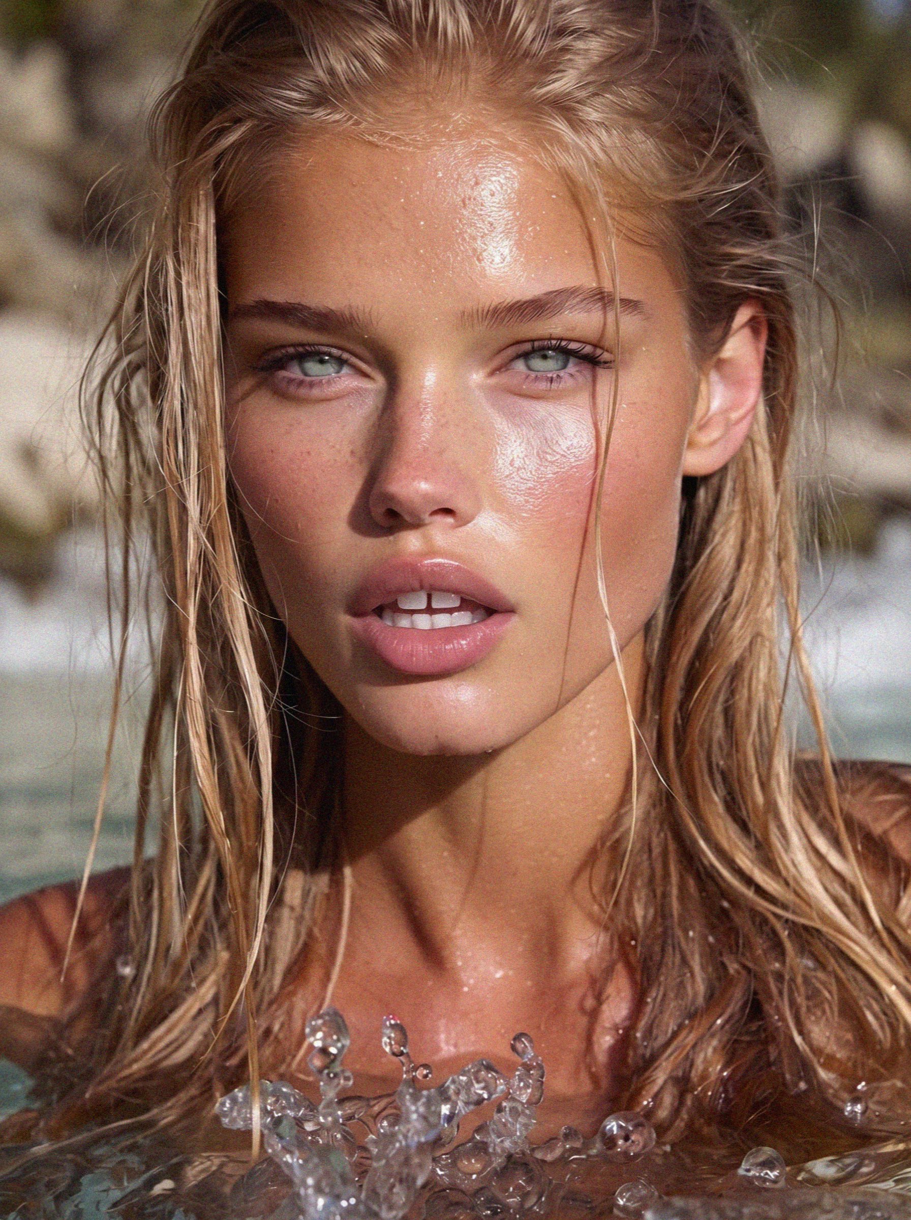 Victoria van der Berg surfacing in a cold granite pool in the Corsican interior