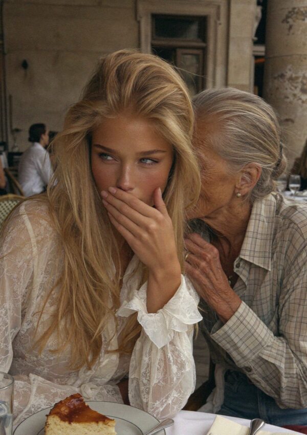 Victoria van der Berg talking to the owner over dessert in Corte in Corsica
