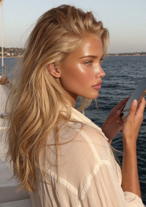 Victoria van der Berg on the boat in the morning, north of the Costa Smeralda in Sardinia