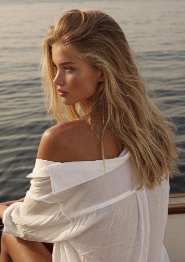 Victoria van der Berg on the boat in late light north of the Costa Smeralda in Sardinia