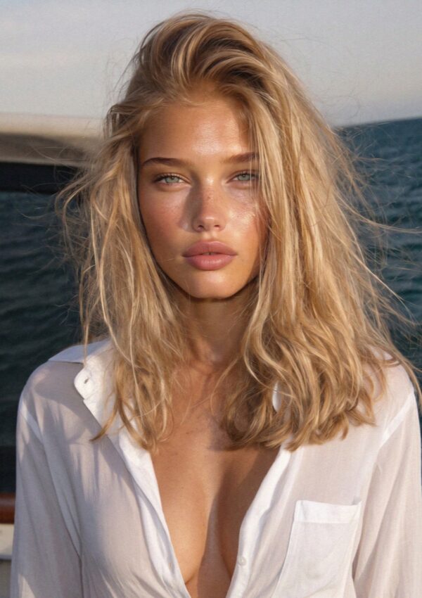 Victoria van der Berg at sea in a white shirt north of the Costa Smeralda in Sardinia