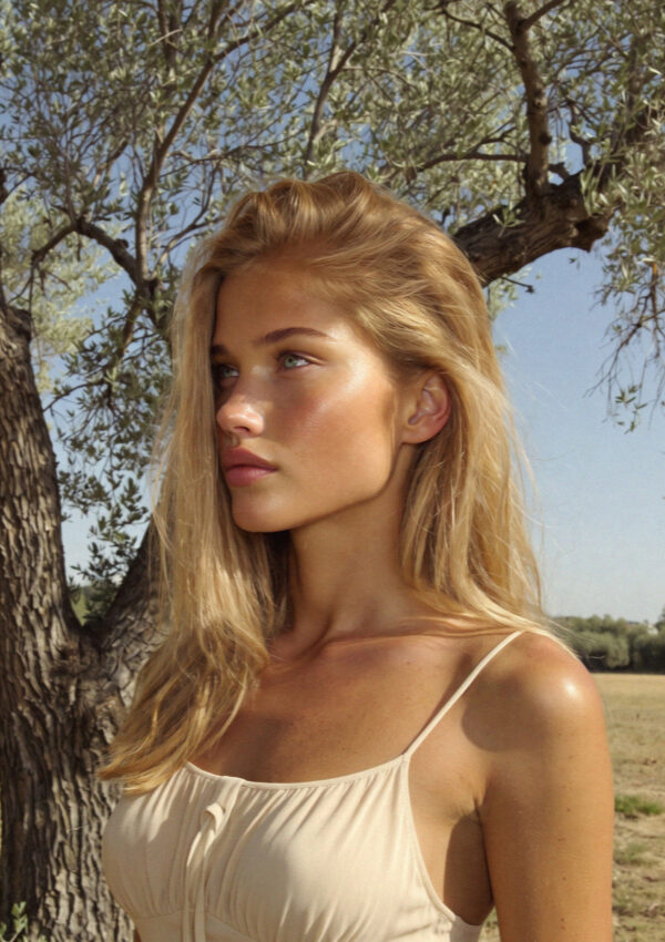 Victoria van der Berg under the canopy of an ancient olive tree inland of Ostuni in Puglia