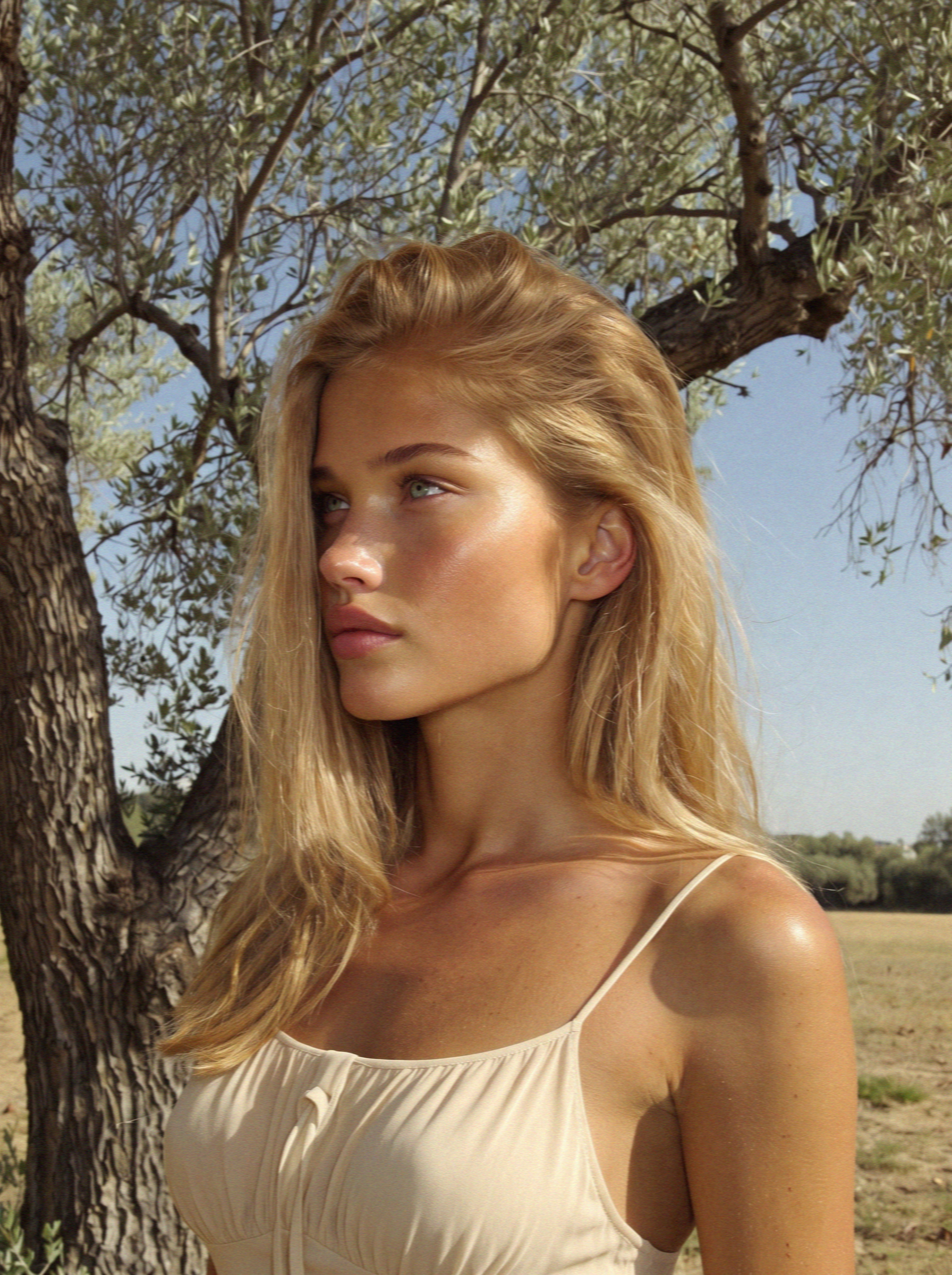 Victoria van der Berg under the canopy of an ancient olive tree inland of Ostuni in Puglia