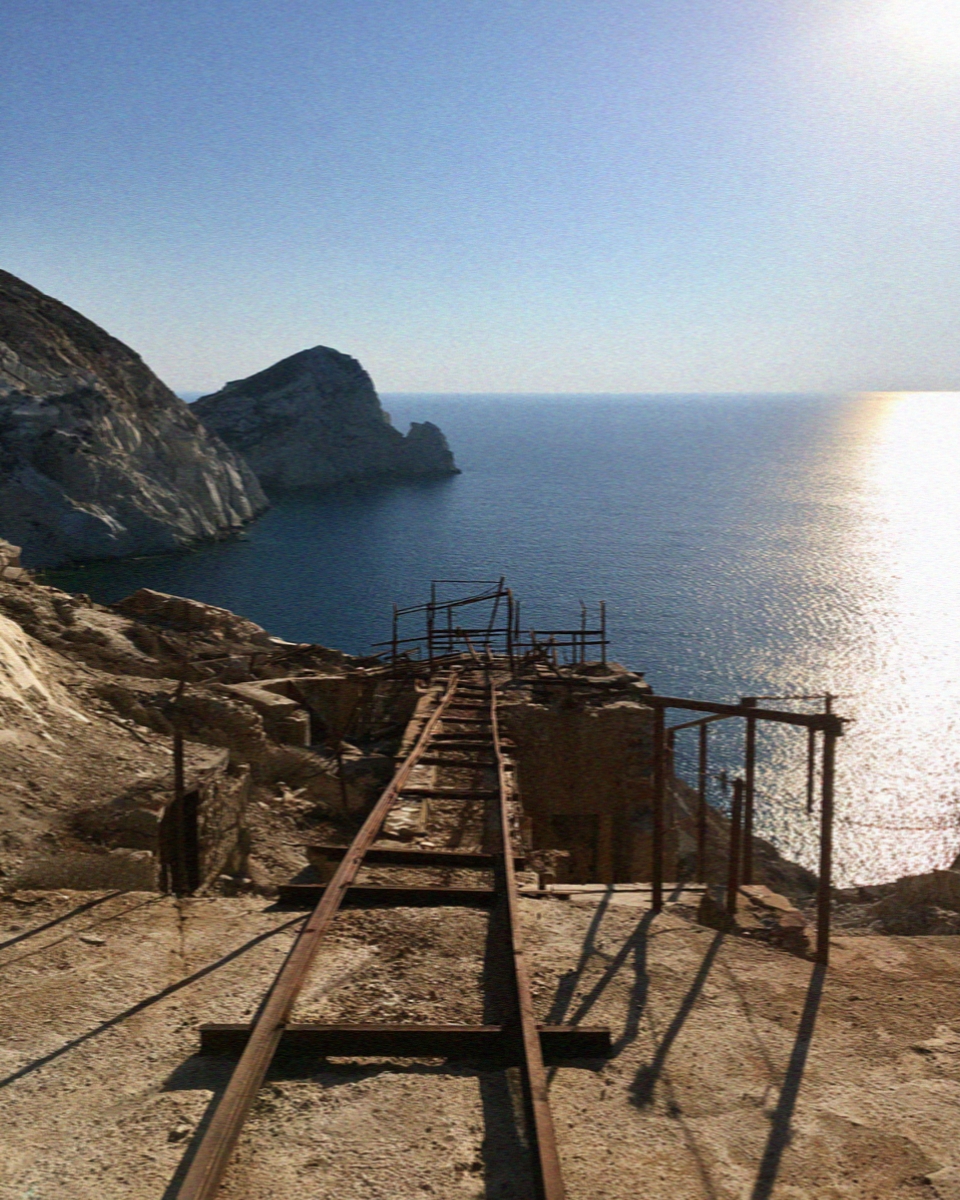 The old manganese mine rails above the sea on Milos