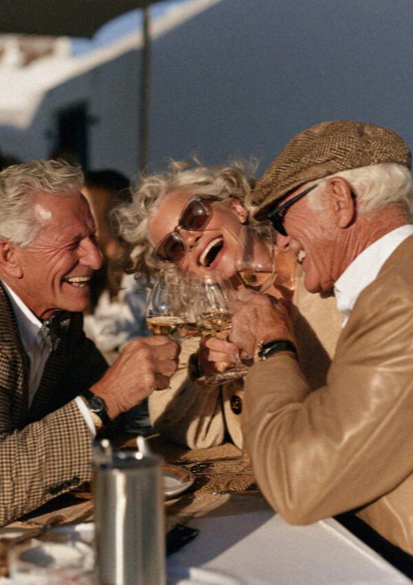 Guests laughing and raising their glasses at a wine tasting near Pyrgos on Santorini