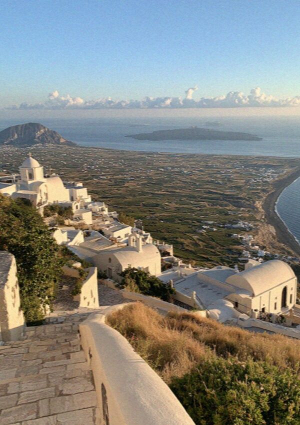 The view from Pyrgos over the vineyards and the plain of Santorini to the sea