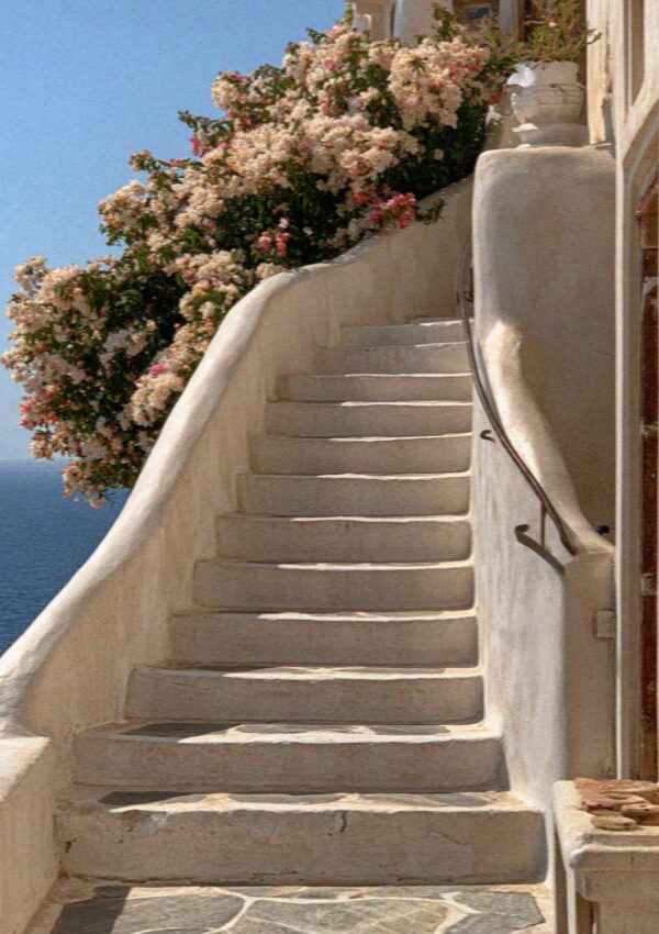 Whitewashed steps curving up beside a flowering bougainvillea on Santorini