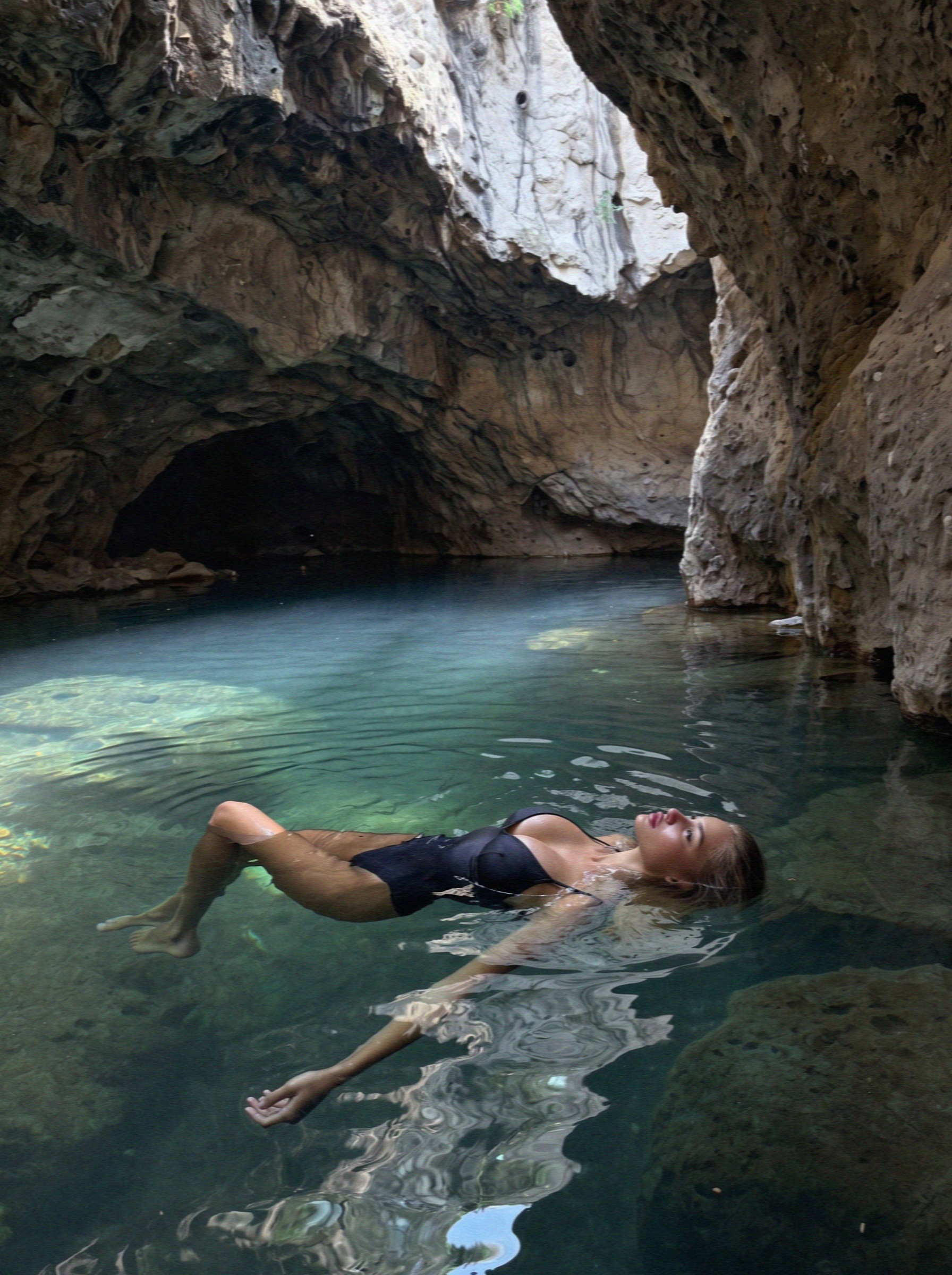 Victoria Van Der Berg floating in the Sykia sea cave on Milos