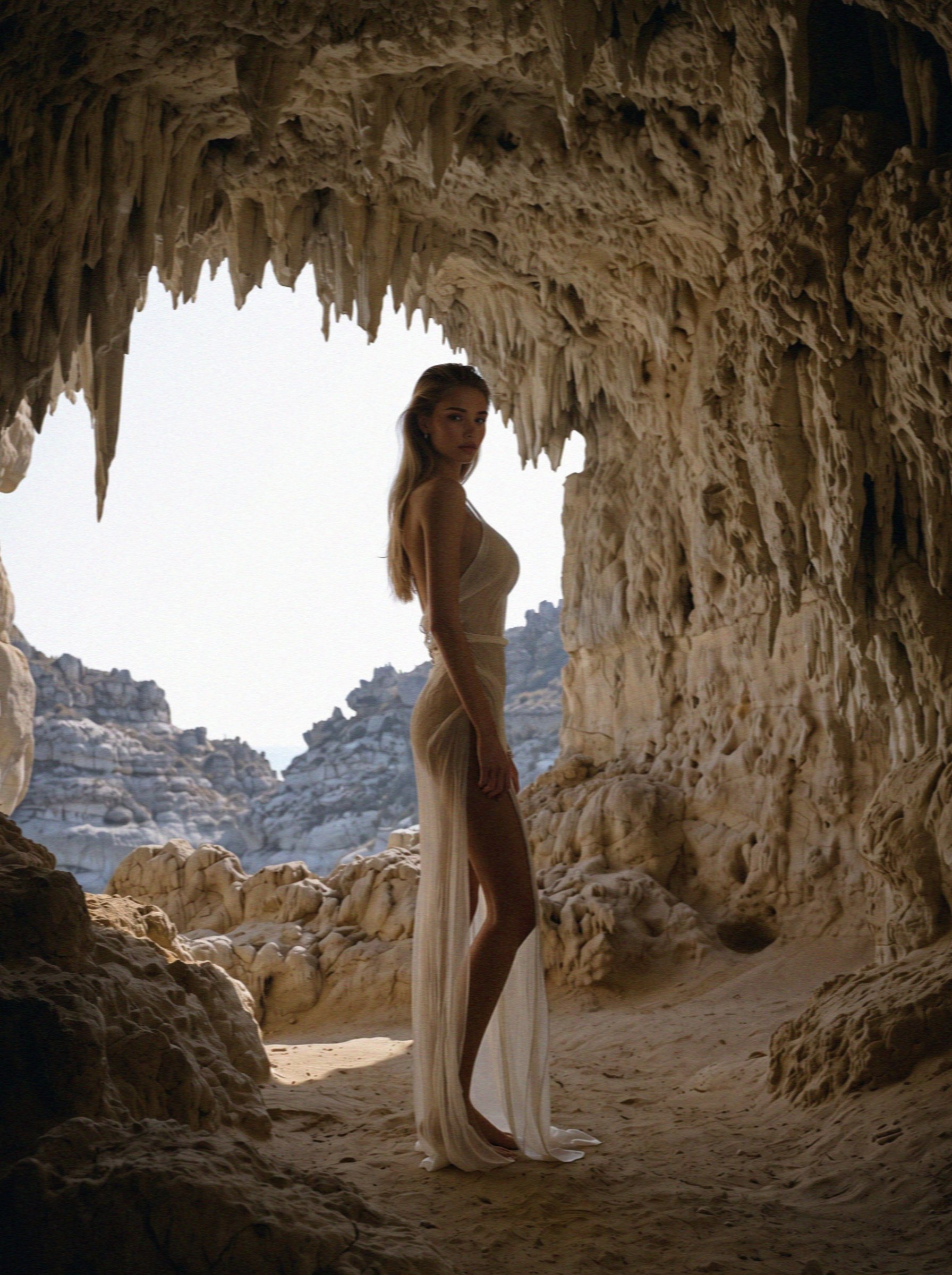Victoria van der Berg standing in the mouth of the Cave of Zas among the stalactites on Mount Zas, Naxos