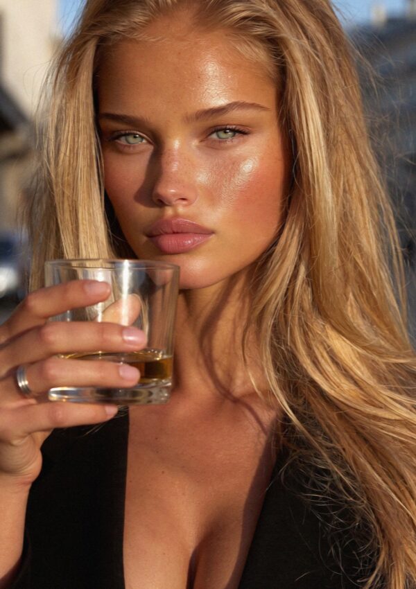 Victoria van der Berg holding a small glass of amber Vinsanto, the sweet wine of Santorini