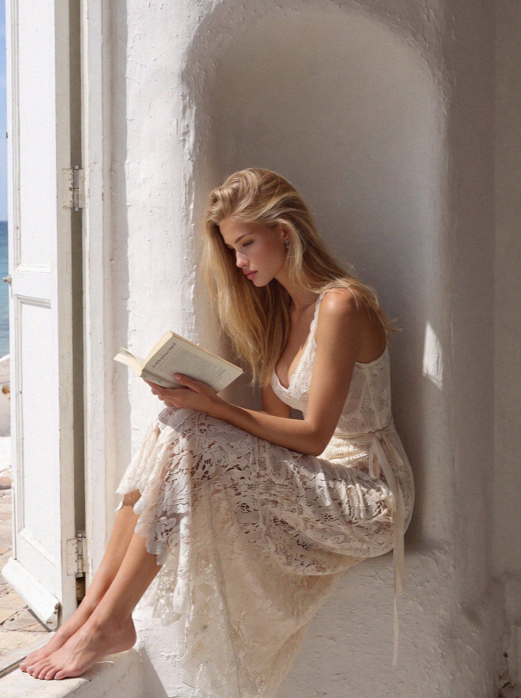 Victoria van der Berg reading barefoot in a whitewashed window niche of a cave room on Santorini
