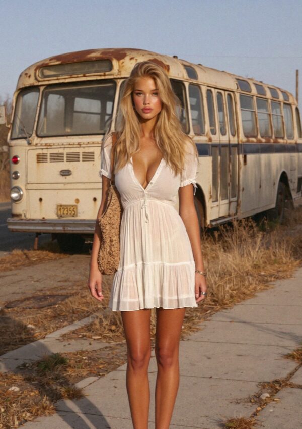 Victoria van der Berg in a white sundress standing beside an old bus on the road inland to Pyrgos on Santorini