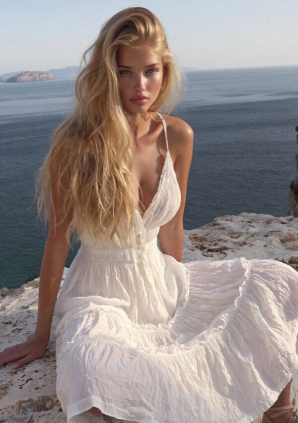Victoria van der Berg in a white tiered dress sitting on the rocks above the caldera on Santorini