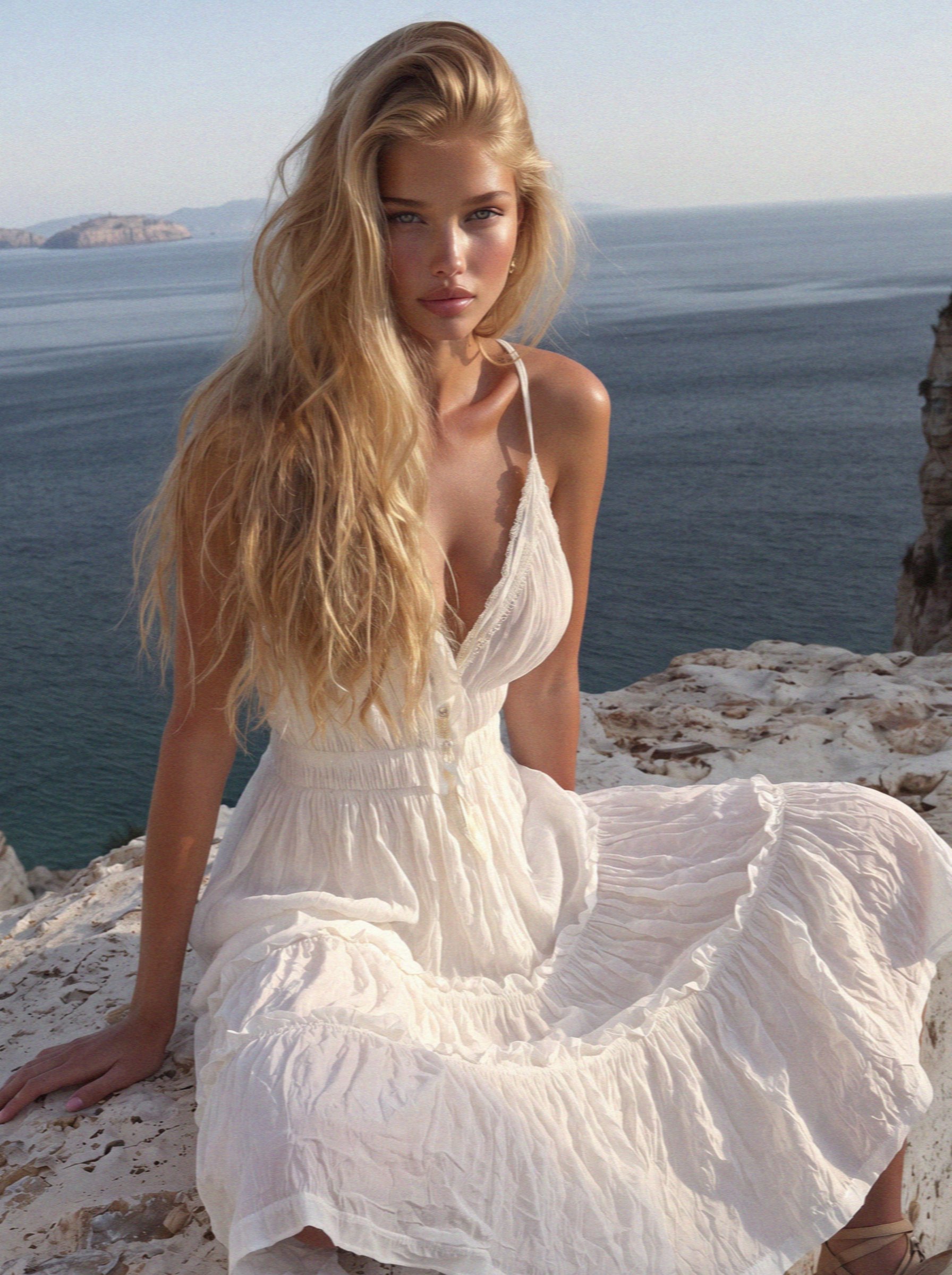 Victoria van der Berg in a white tiered dress sitting on the rocks above the caldera on Santorini